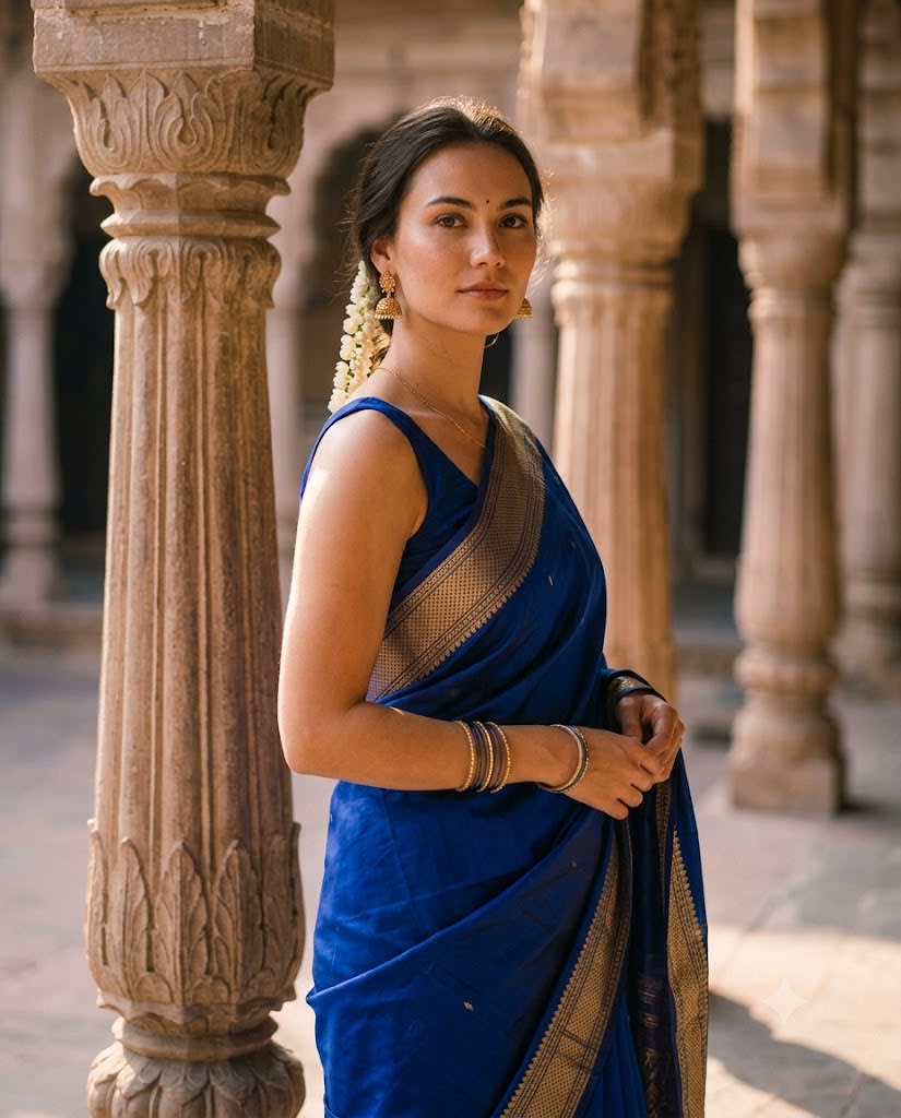 Royal Blue Saree Courtyard Portrait