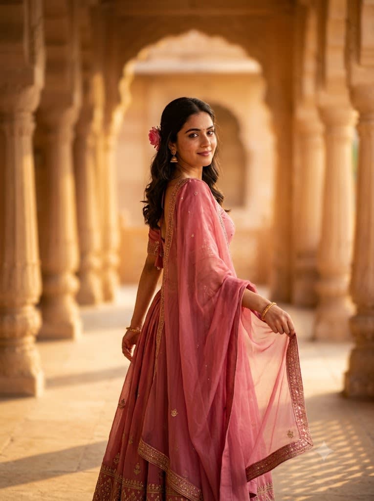 Rose Pink Lehenga Palace Corridor Look
