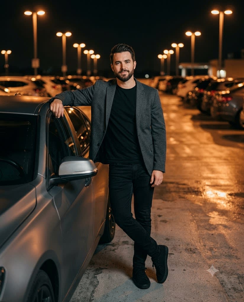 Charcoal Blazer Night Parking Lot Portrait