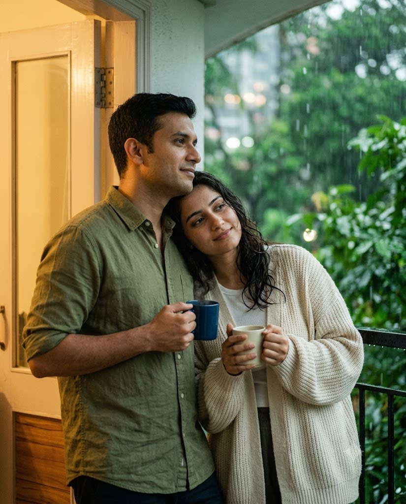 Monsoon Balcony Coffee Couple Portrait