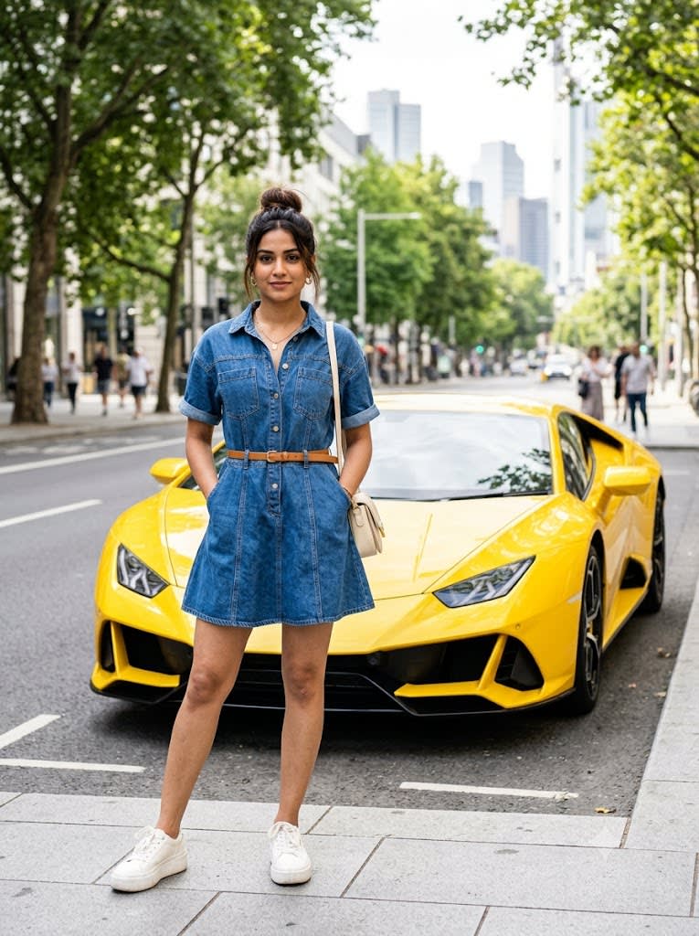 Denim Dress & Chrome-Yellow Lamborghini — Urban Boulevard