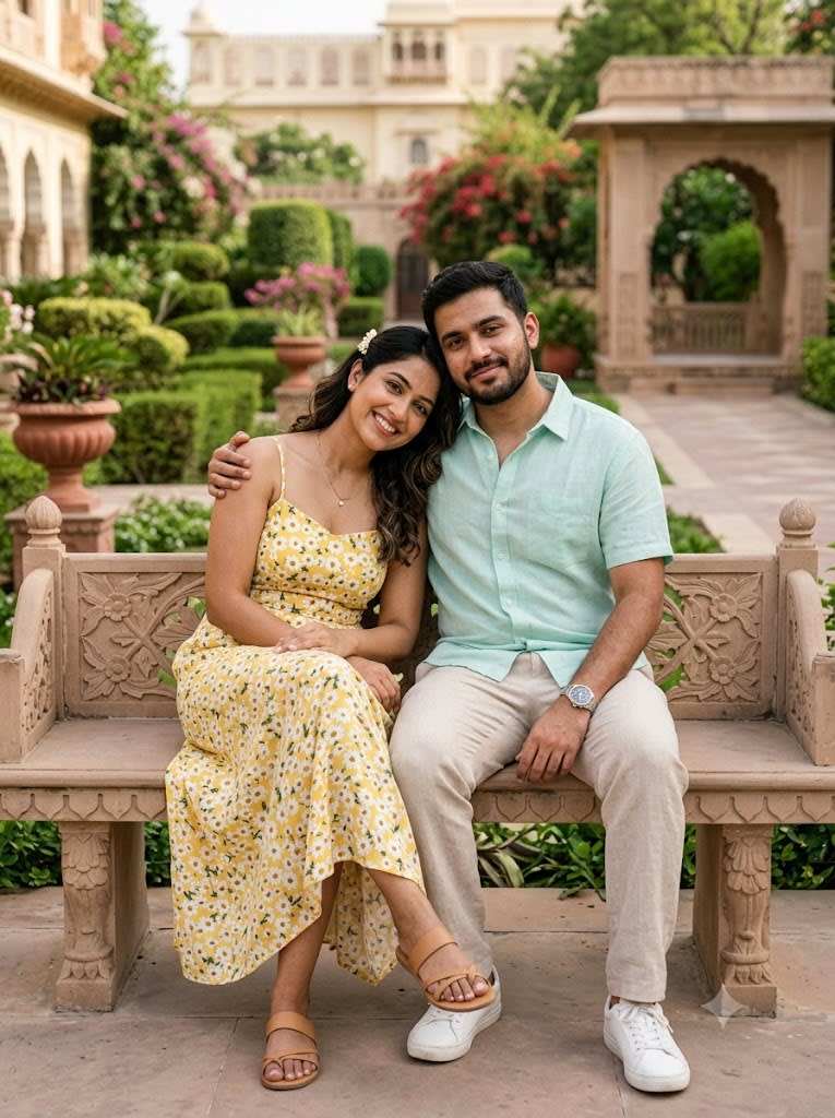 Palace Garden Bench Couple — Yellow Floral & Mint Green sample output