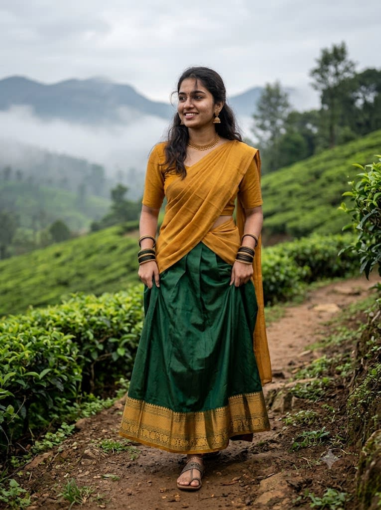 Misty Kerala Hillside Half-Saree Portrait sample output