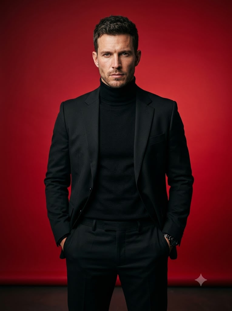 Black Suit Red Backdrop Studio Portrait