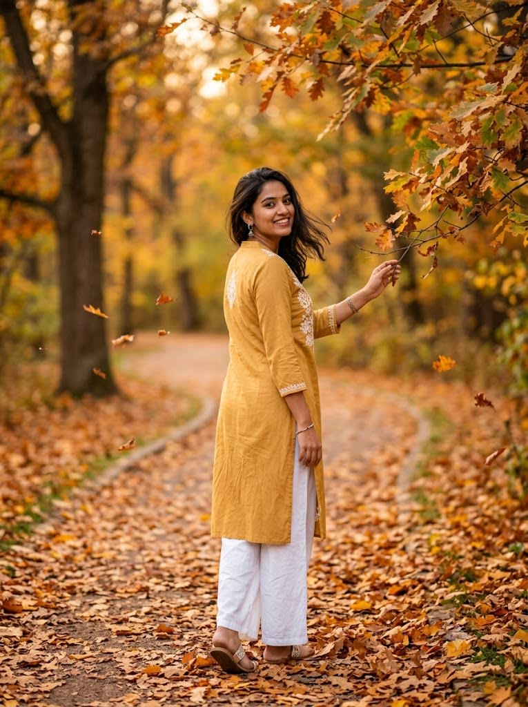 Falling Autumn Leaves Mustard Kurta Portrait