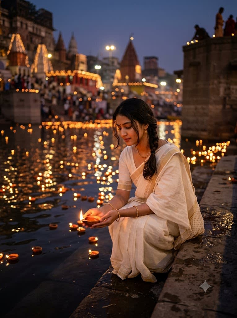 Riverside Diya Evening Aarti Portrait sample output