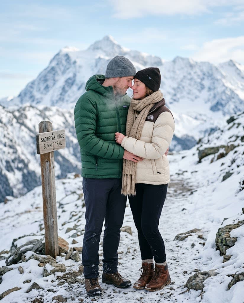 Snow-Capped Mountain Trail Couple Portrait
