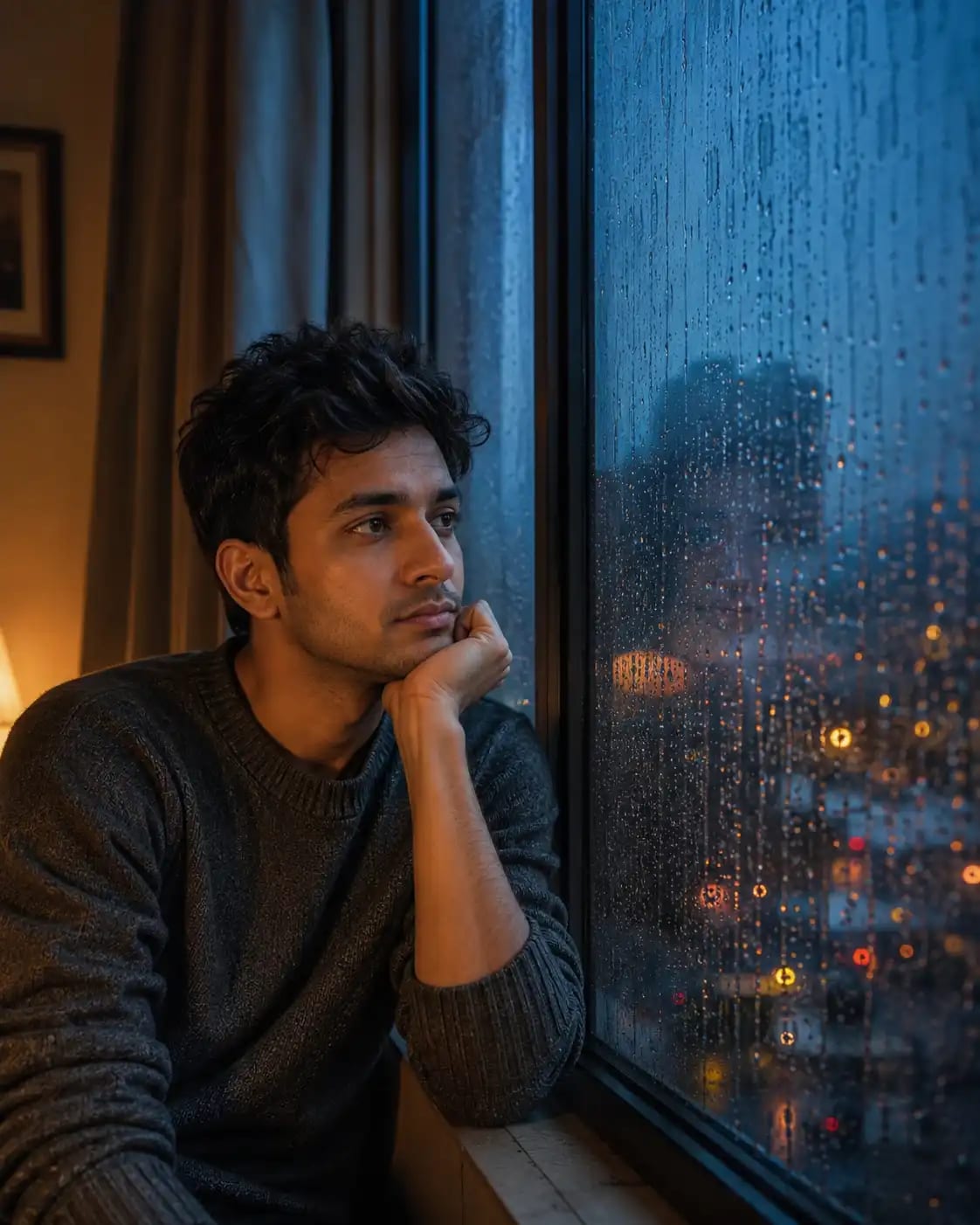 Rain-Streaked Window Reflection Portrait sample output