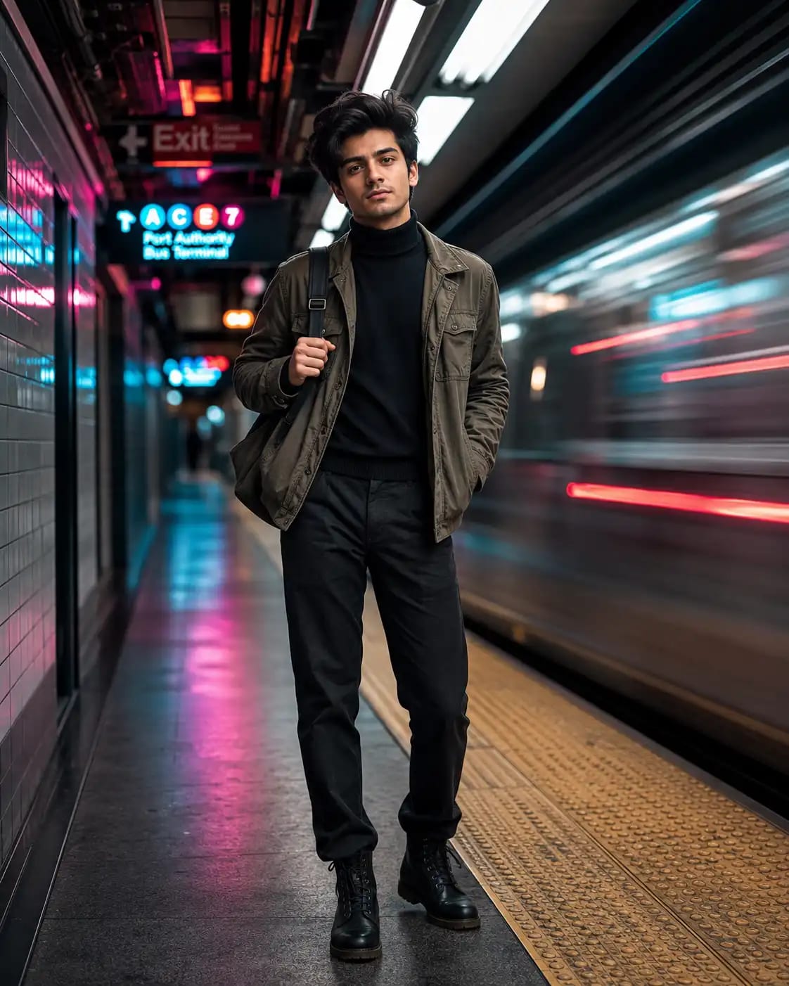 Neon Subway Platform Editorial Portrait