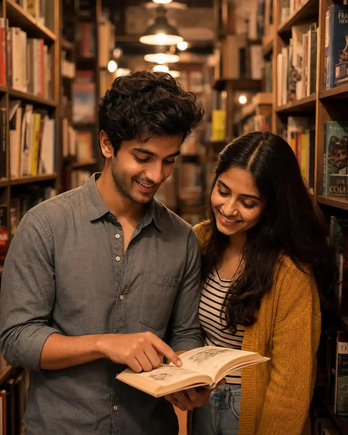 Bookstore Aisle Candid Couple Portrait