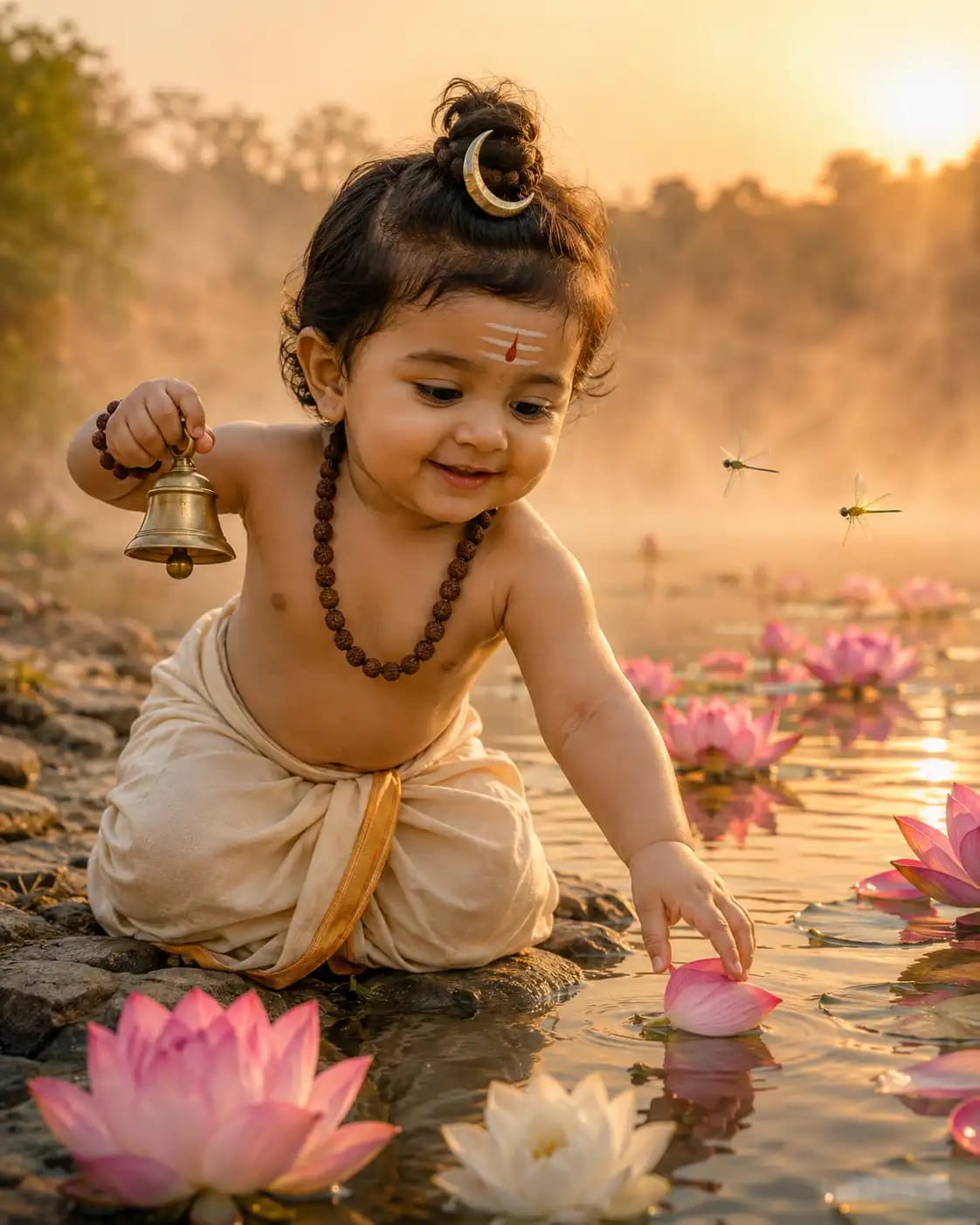 Baby Shiva Lotus Pond Sunrise Portrait sample output