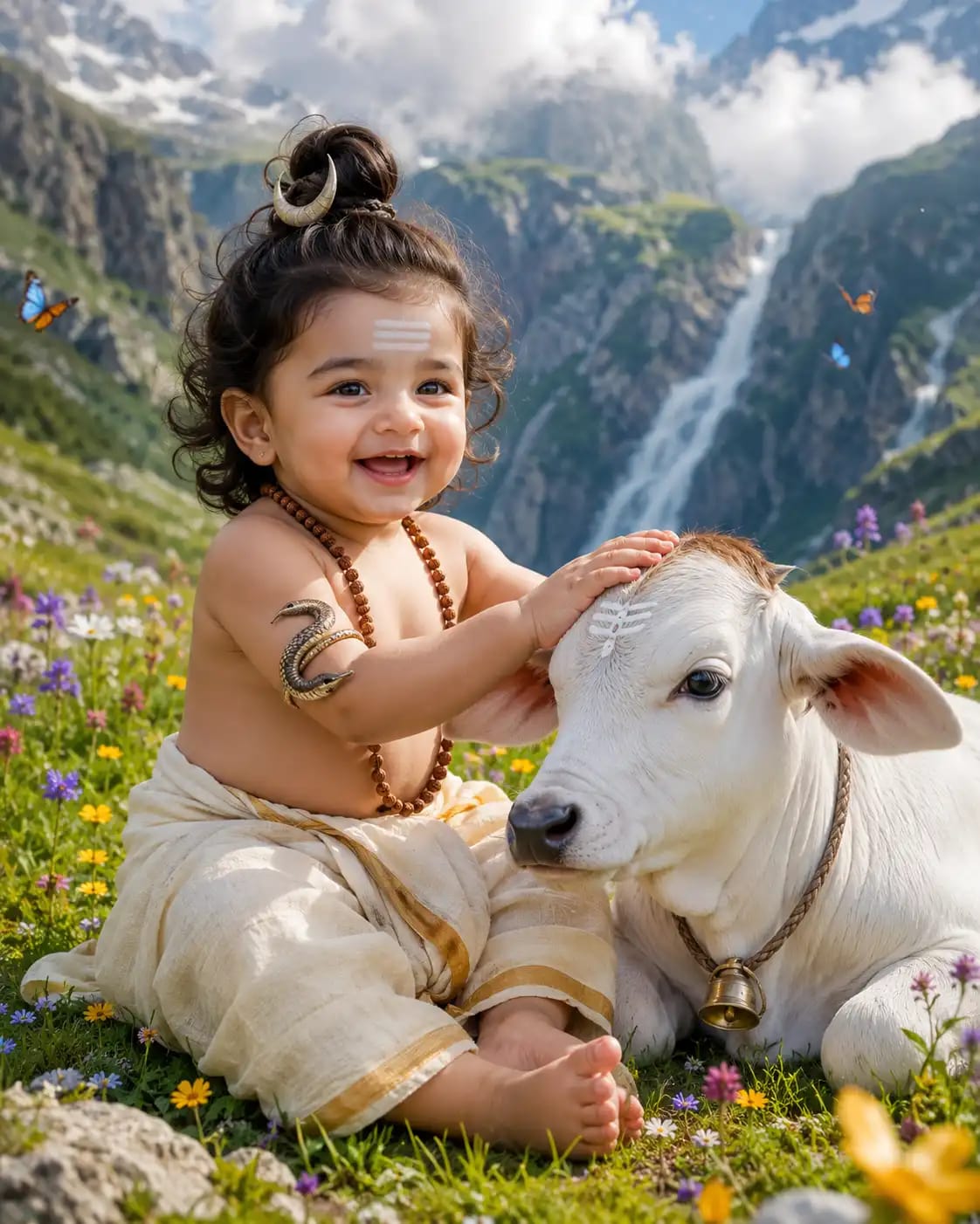 Baby Shiva Nandi Calf Wildflower Waterfall Portrait