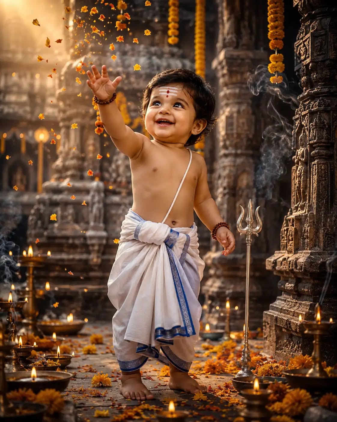 Baby Shiva Jasmine Courtyard Falling Petals Portrait