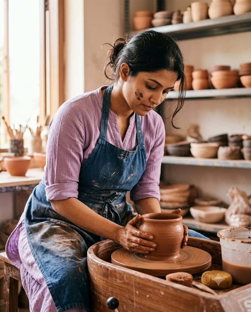 Pottery Studio Wet-Clay Portrait in Lavender Kurti sample output