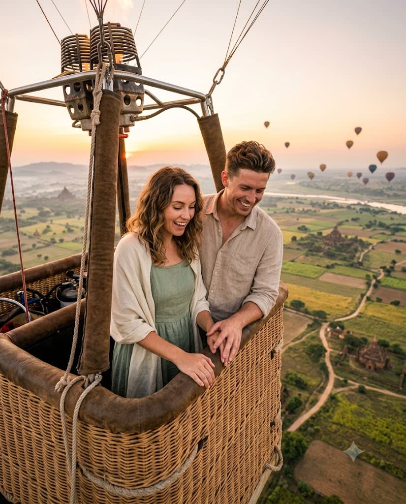 Hot Air Balloon Sunrise Couple Portrait