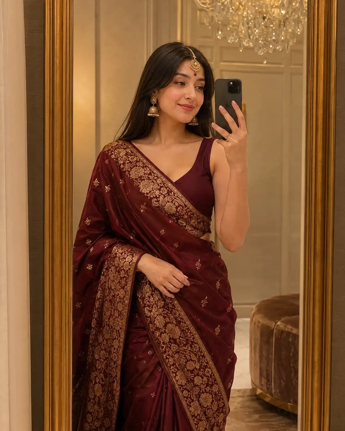 Luxury Ethnic Mirror Selfie in Gold-Zari Saree