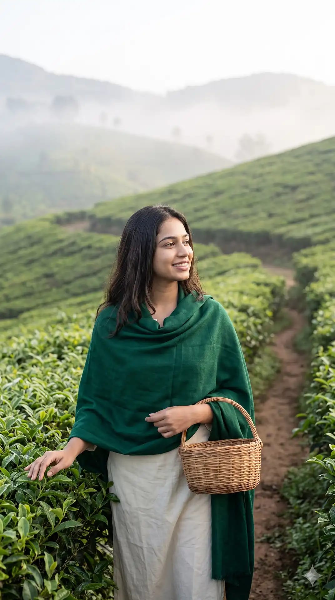 Misty Tea Garden Morning Portrait in Emerald Pashmina