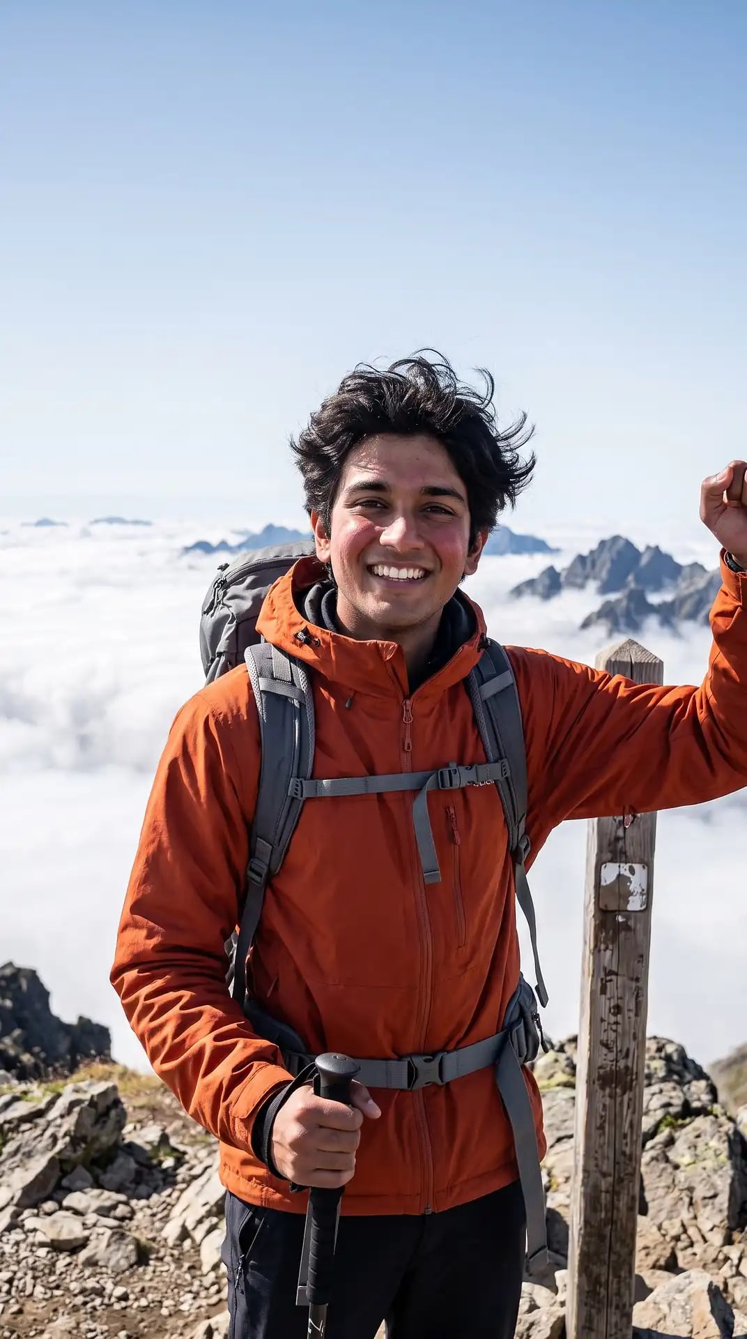 Mountain Summit Trekking Portrait in Orange Jacket