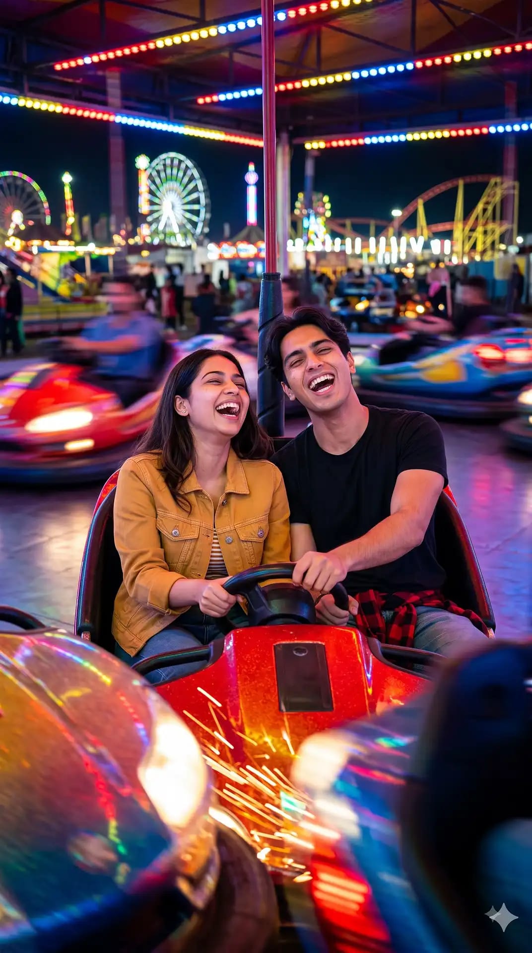 Carnival Bumper Car Candid Laughter Couple Portrait