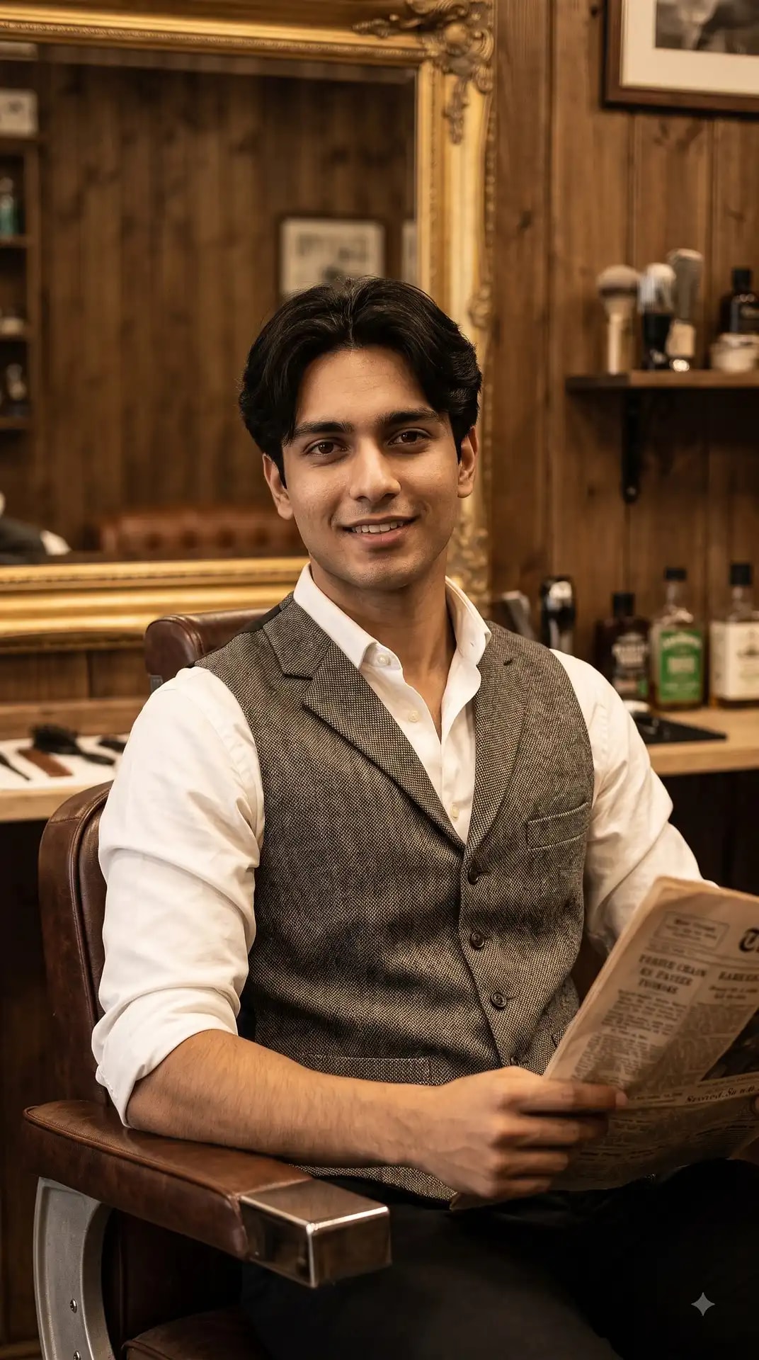 Vintage Barbershop Chair Portrait in Grey Waistcoat