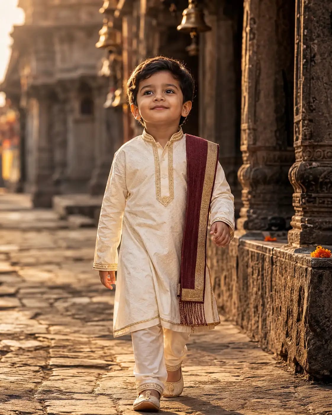 Traditional Kurta Temple Lane Walk Portrait for Kids