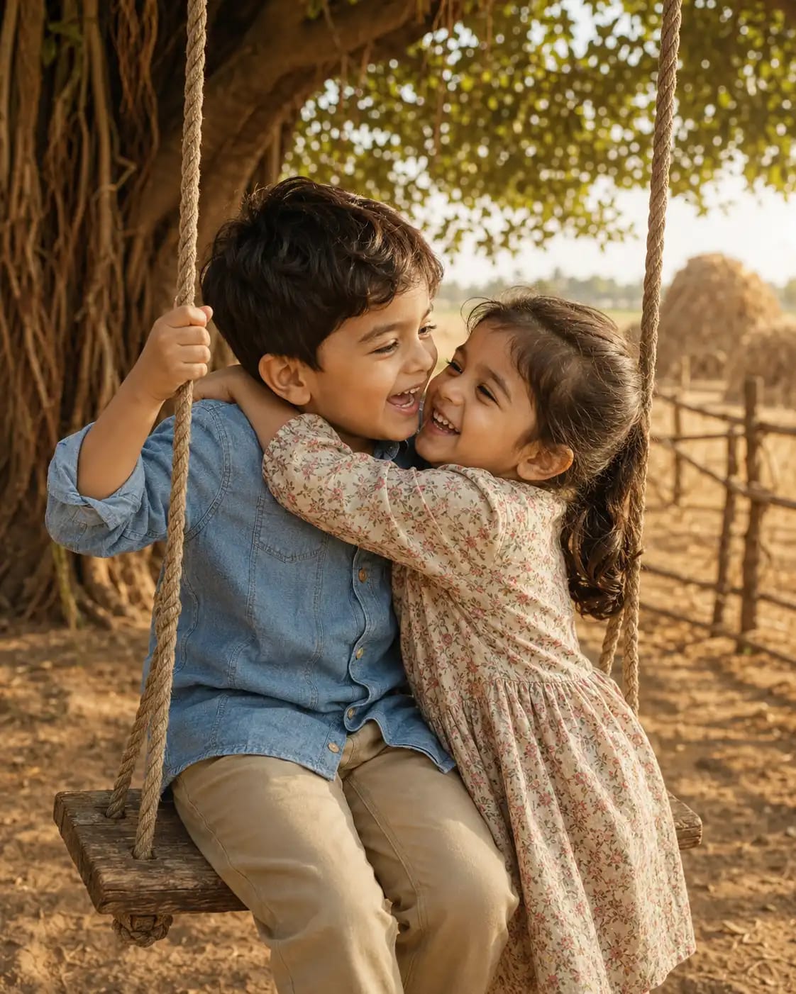 Farmyard Swing Sibling Embrace Portrait