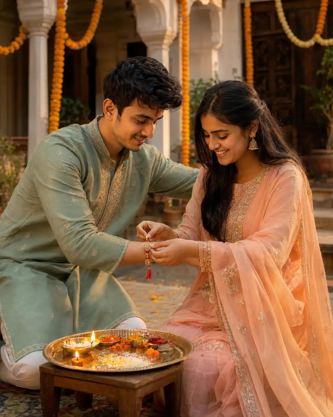 Courtyard Rakhi Tying at Golden Hour | Raksha Bandhan photo Prompts