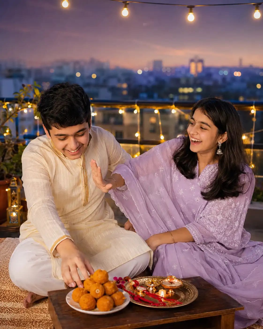 Rooftop Terrace Rakhi Celebration at Dusk | Rakhi Photoshoot AI Prompt