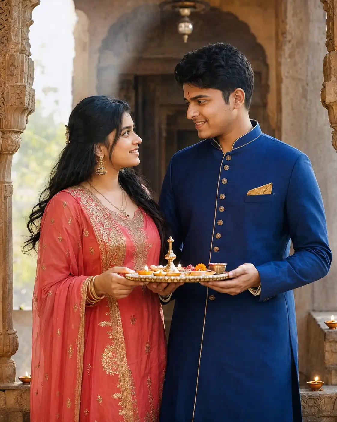 Traditional Haveli Aarti Thali Portrait | Raksha Bandhan Festival AI Prompt