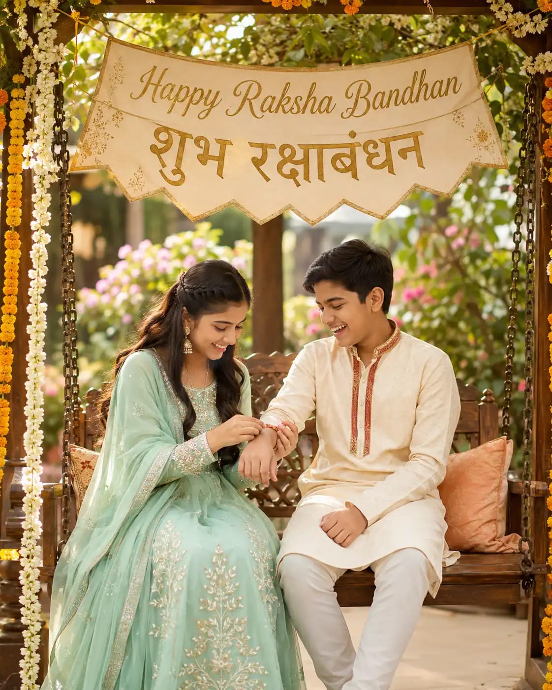 Garden Swing Rakhi Portrait with Festive Banner | Rakhi Special AI Photo Editing