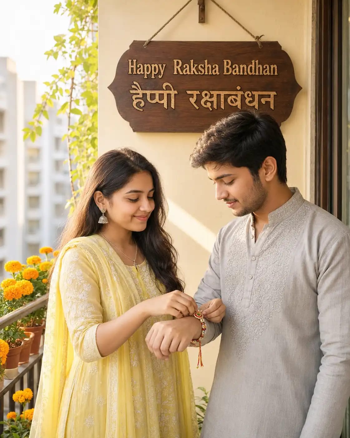 Home Balcony Morning Rakhi Portrait with Wall Signage | Rakhi Celebration AI Photoshoot