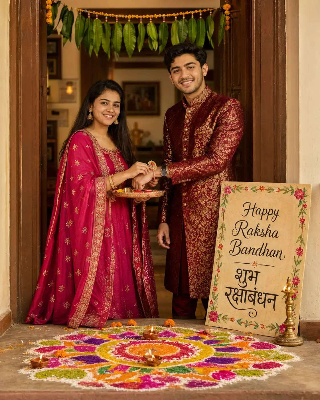 Traditional Doorway Rangoli Portrait with Poster Card | Raksha Bandhan AI Photo Editing Prompt