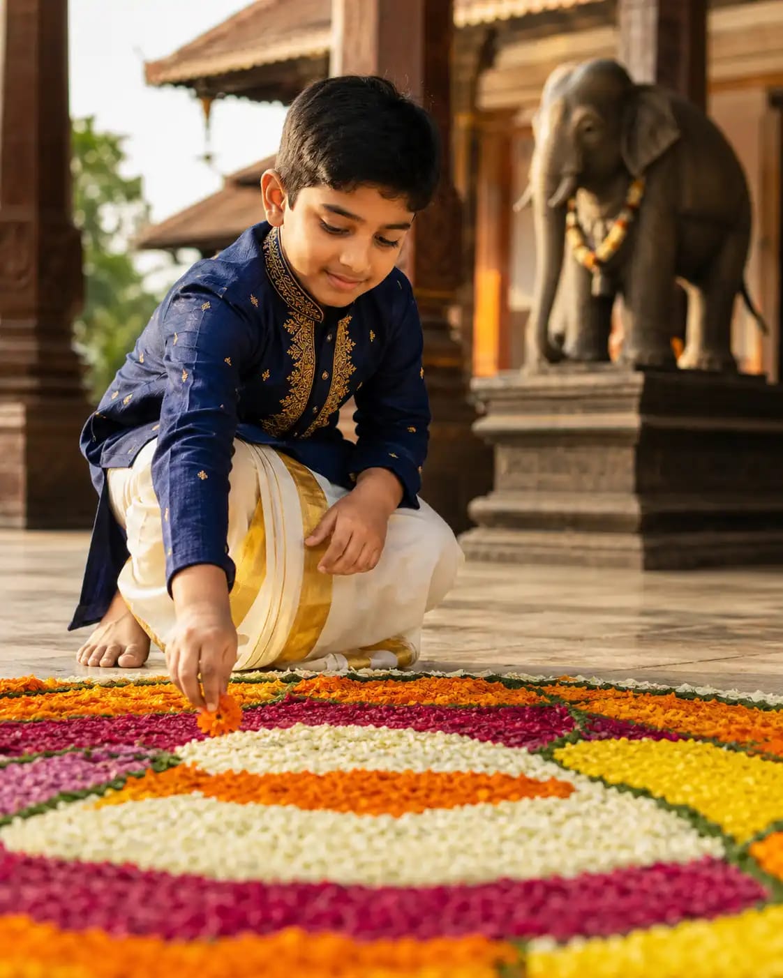 Pookalam Temple Courtyard Onam Portrait | Onam 2026 AI Portrait Prompt