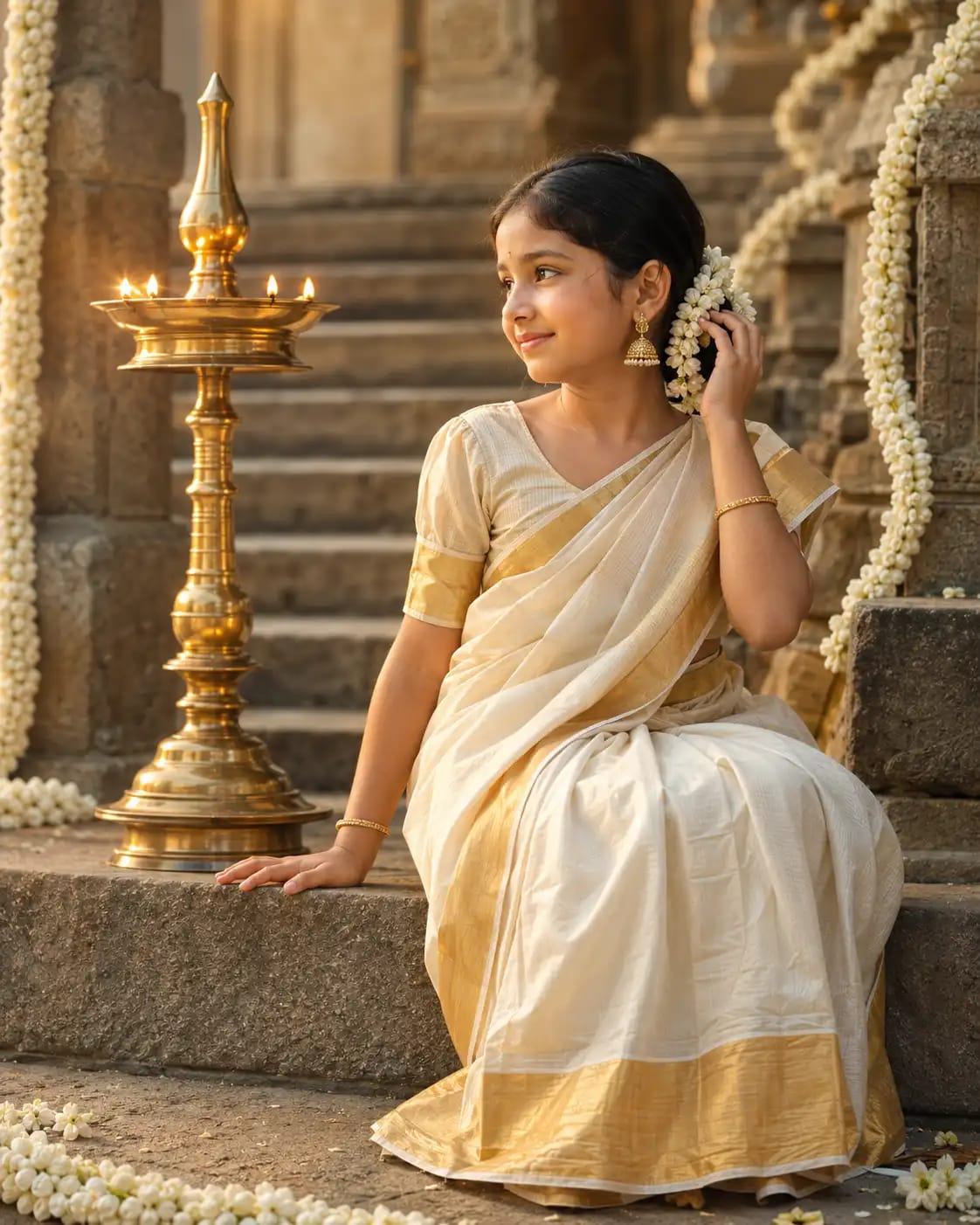 Kasavu Saree Temple Steps Onam Portrait | Onam AI Photo Prompt