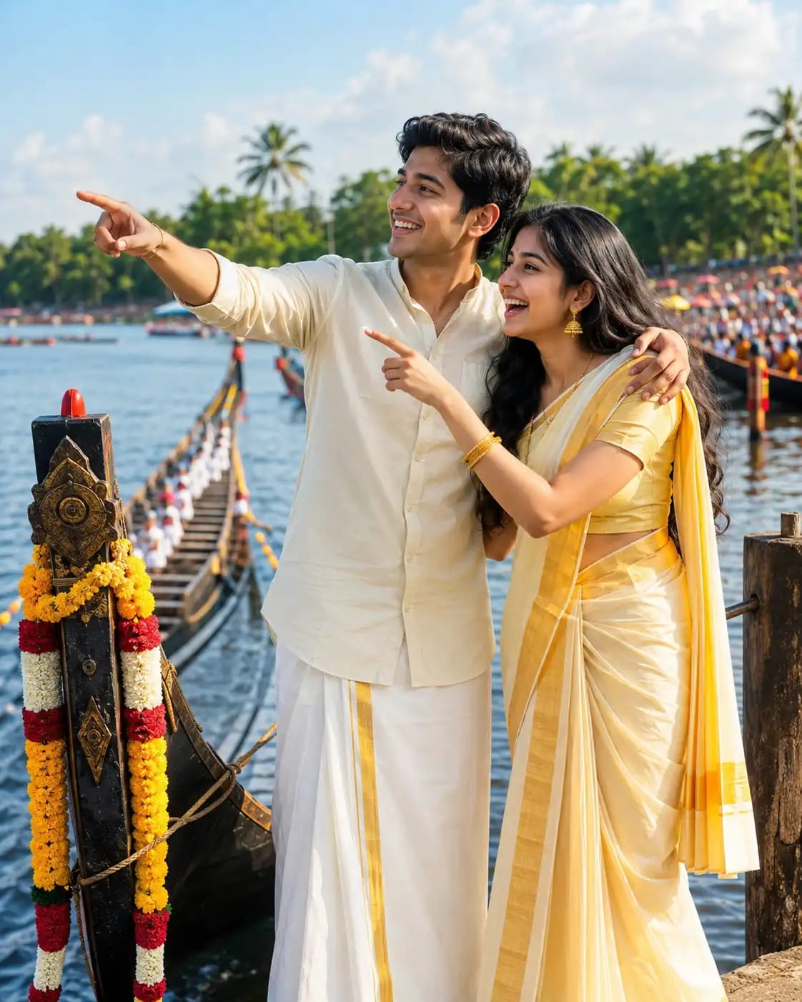 Vallam Kali Riverside Onam Couple Portrait | Onam Instagram Photo Prompt