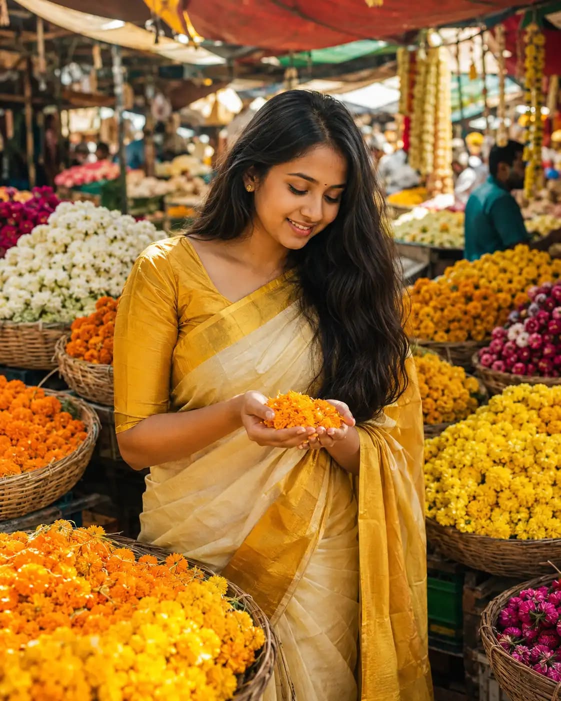 Onam Flower Market Portrait | Onam photo prompts for girl