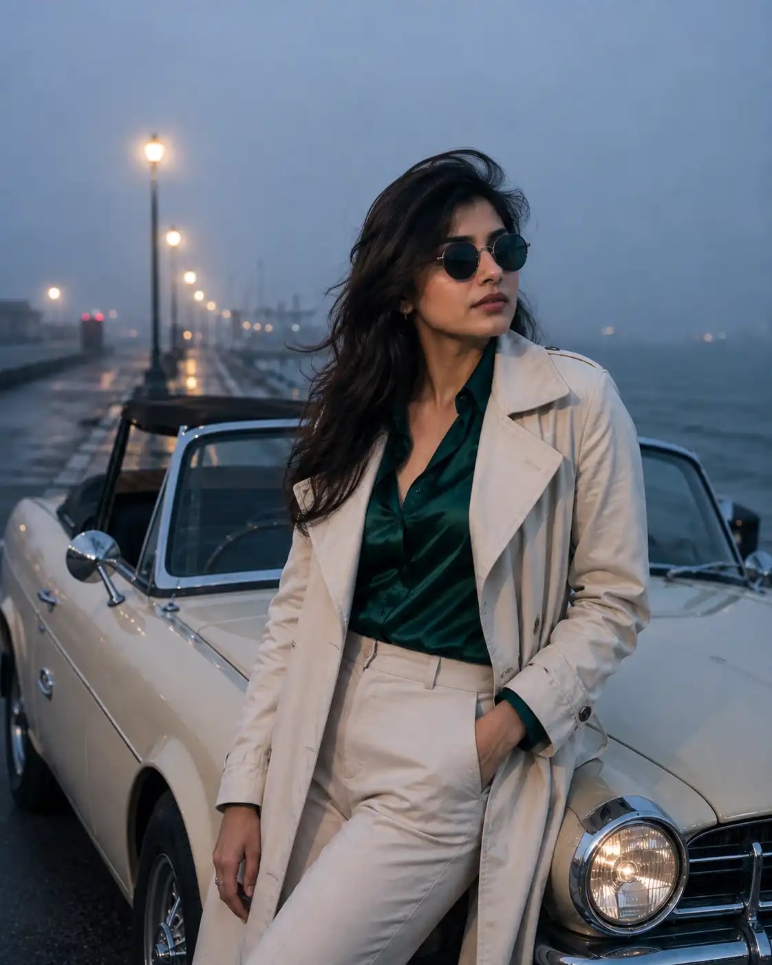 Foggy Pier Vintage Convertible Editorial Portrait
