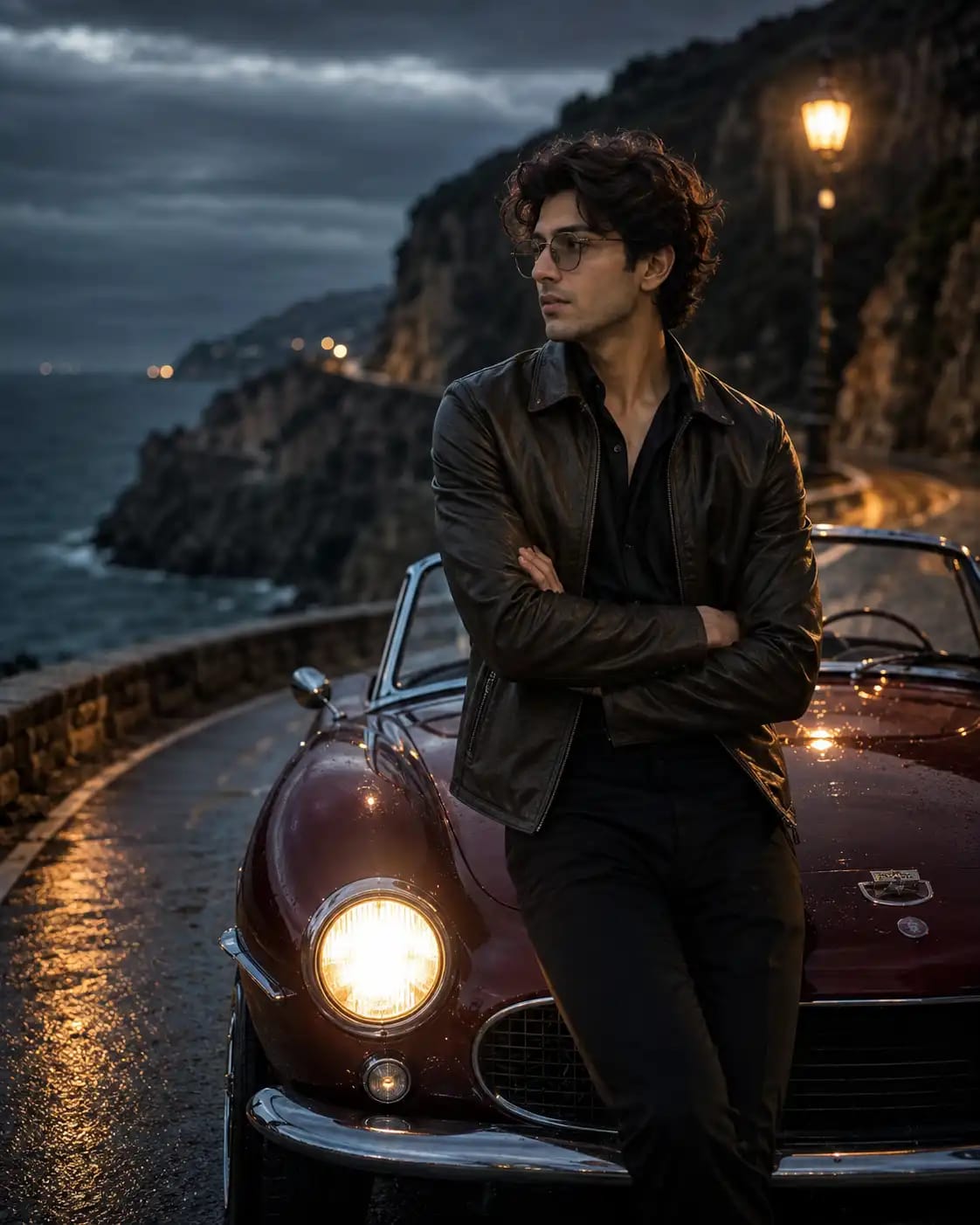 Cliffside Night Drive Vintage Car Editorial