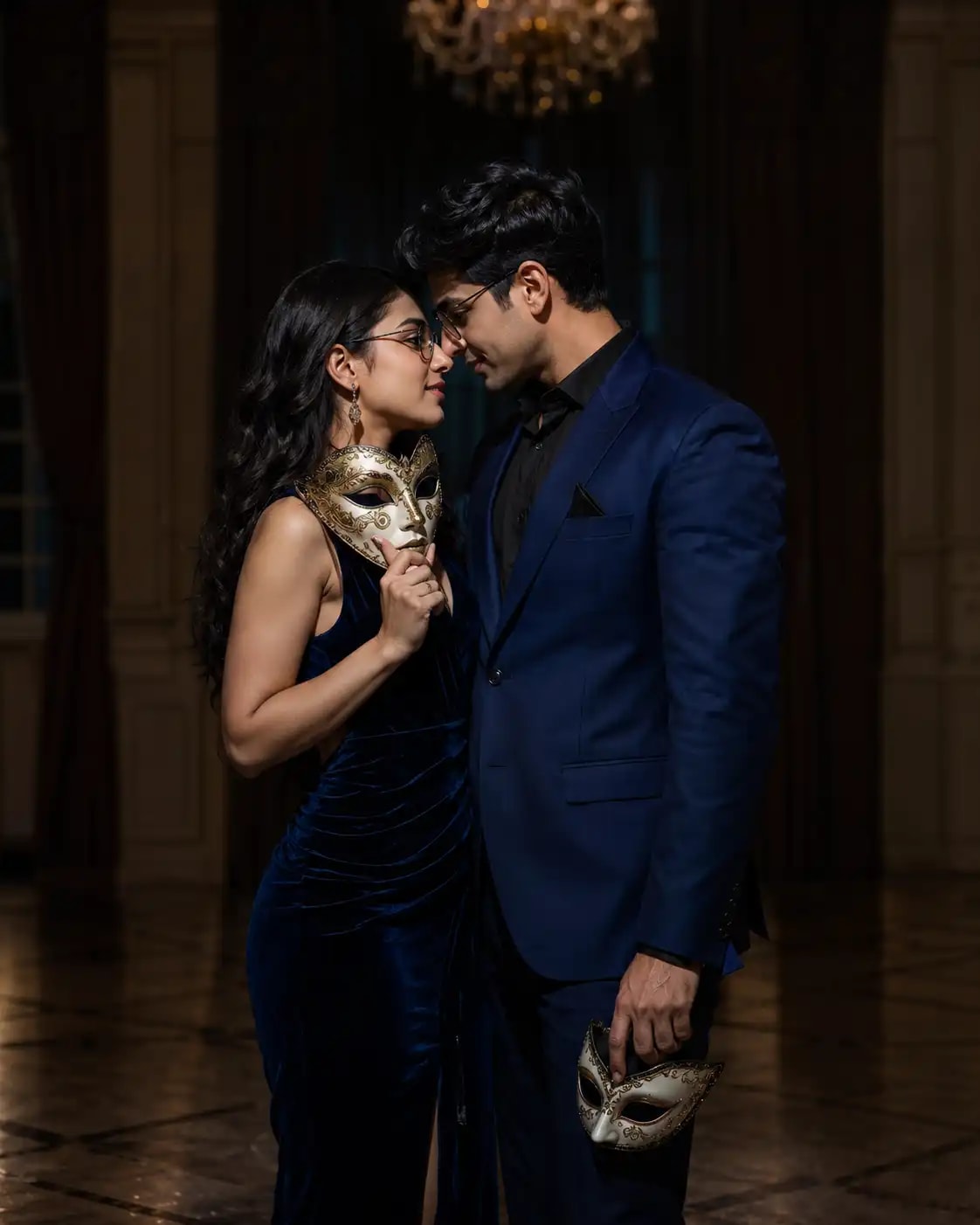 Masquerade Ballroom Mask Reveal Couple Portrait