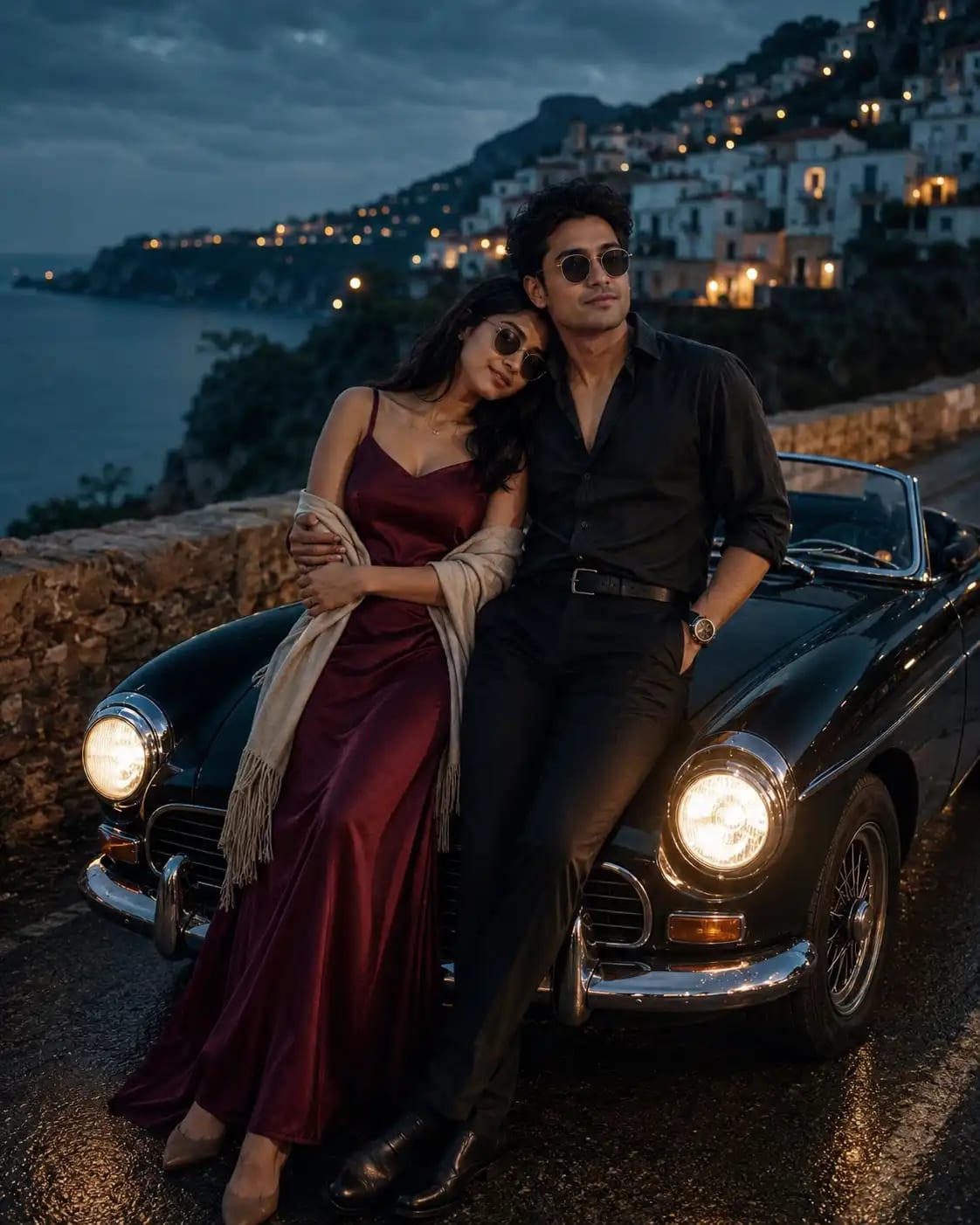 Vintage Convertible Coastal Night Couple Editorial