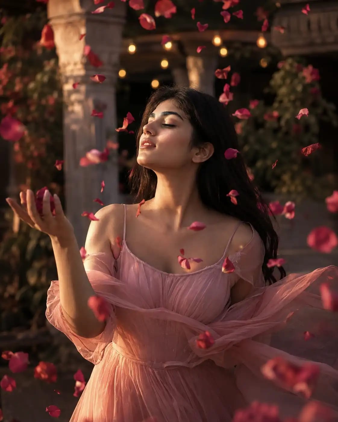 Rose Petal Wind Swirl Portrait | Girls AI Photoshoot
