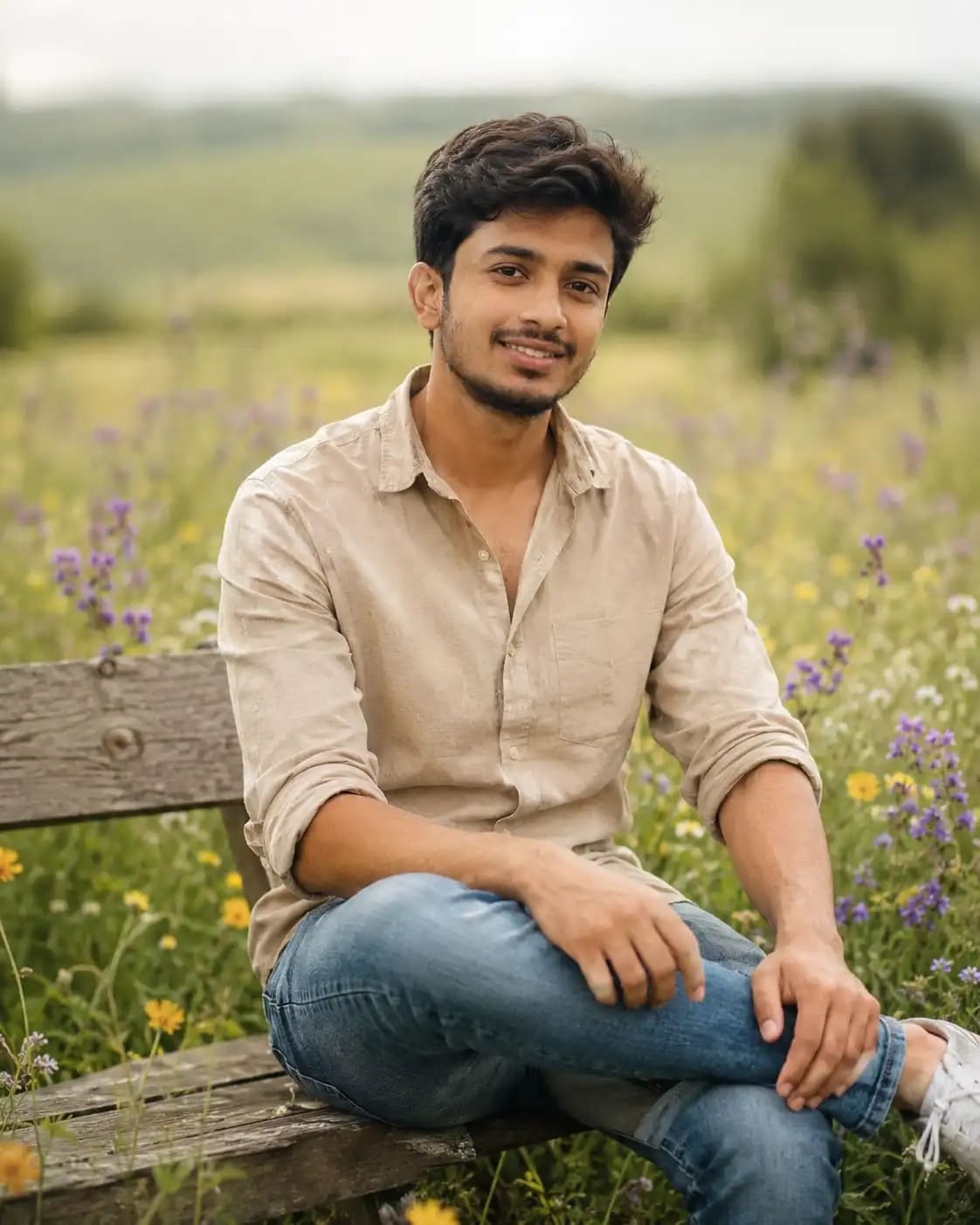 Wildflower Meadow Bench Portrait | Trending AI sample output