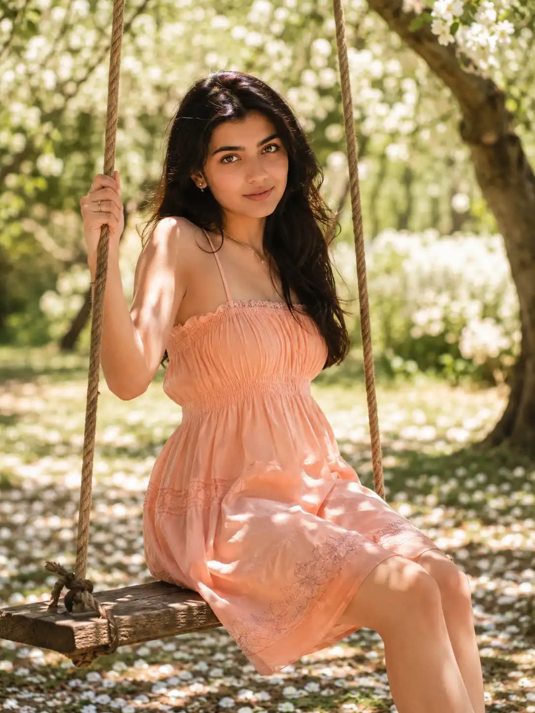 Sunlit Orchard Swing Portrait | Girls AI Photoshoot sample output