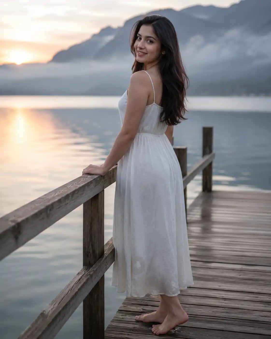 Lakeside Pier Morning Portrait | Girls AI Prompt