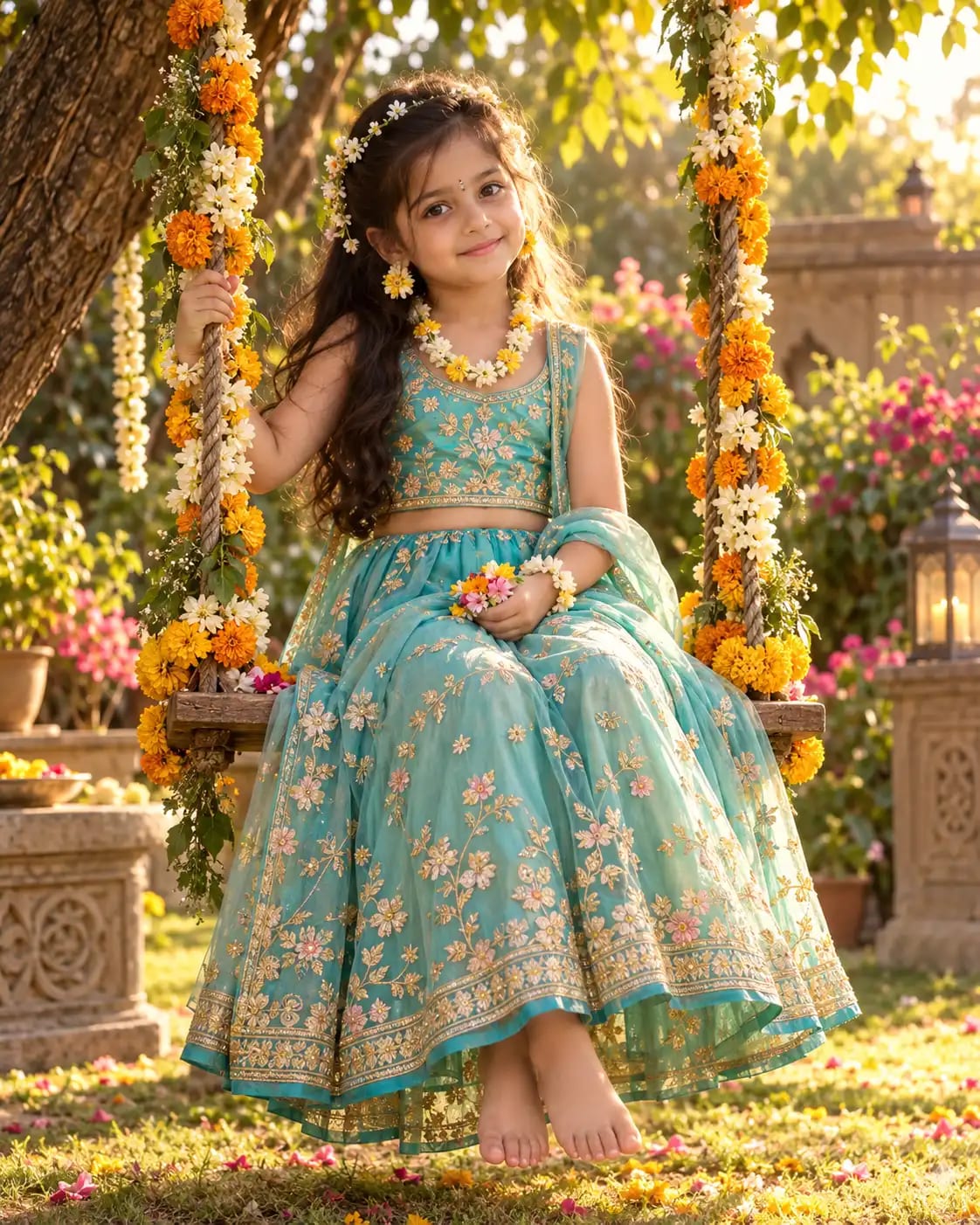 Floral Radha Swing Portrait | Janmashtami AI Prompt