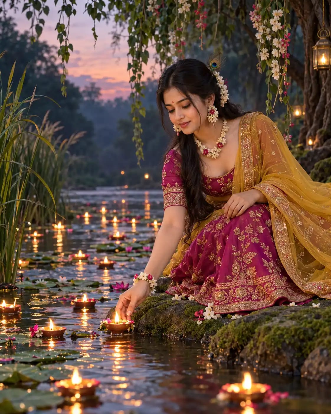 Radha Riverside Diya Devotion Portrait | Janmashtami AI