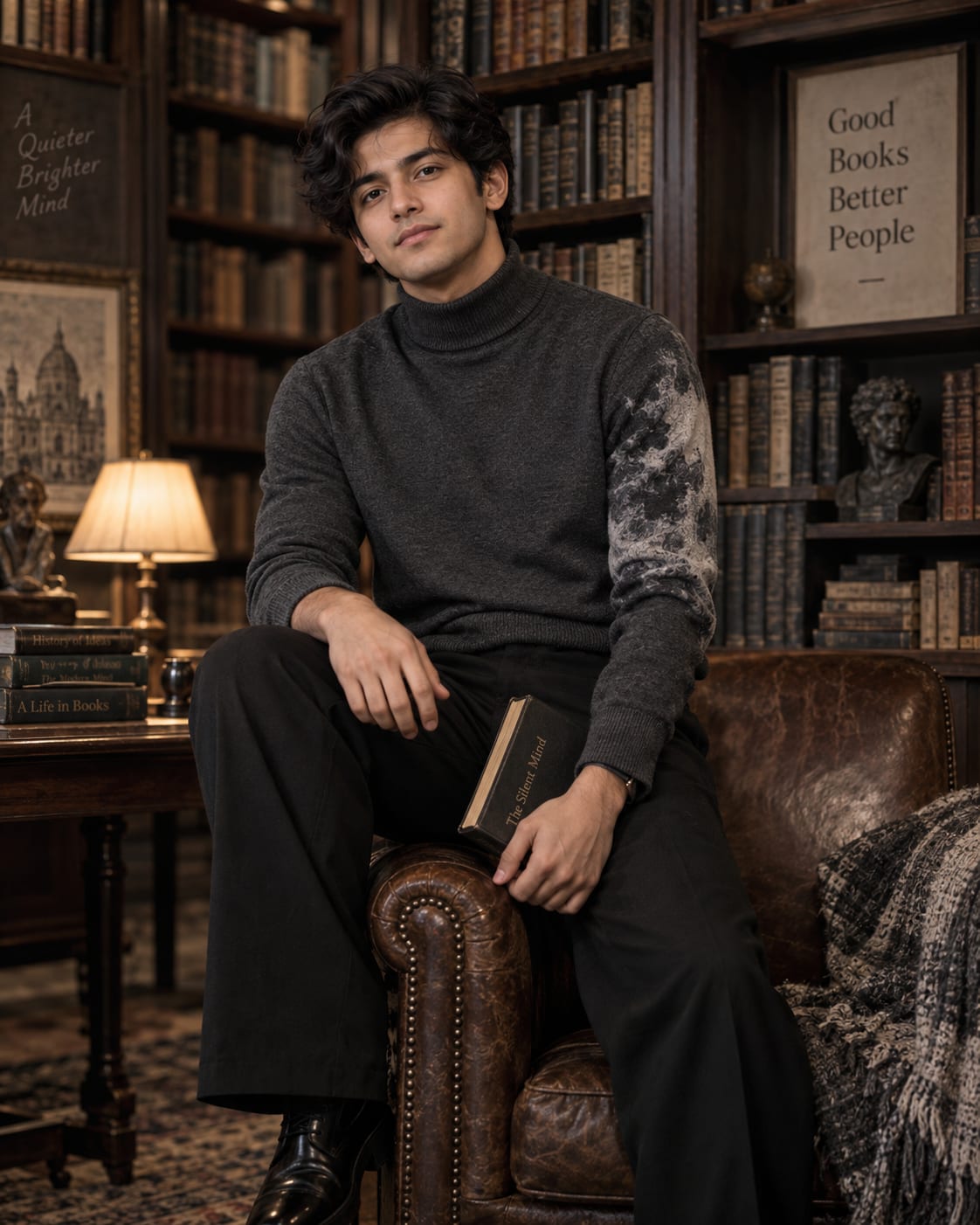 Old Bookshelf Library Portrait | Boys AI Prompt sample output