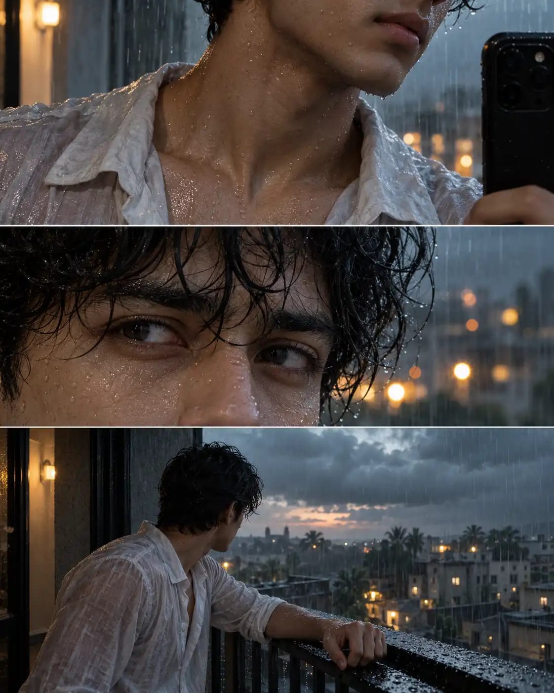 Monsoon Balcony Triptych — Rain-Soaked Split Frame Portrait