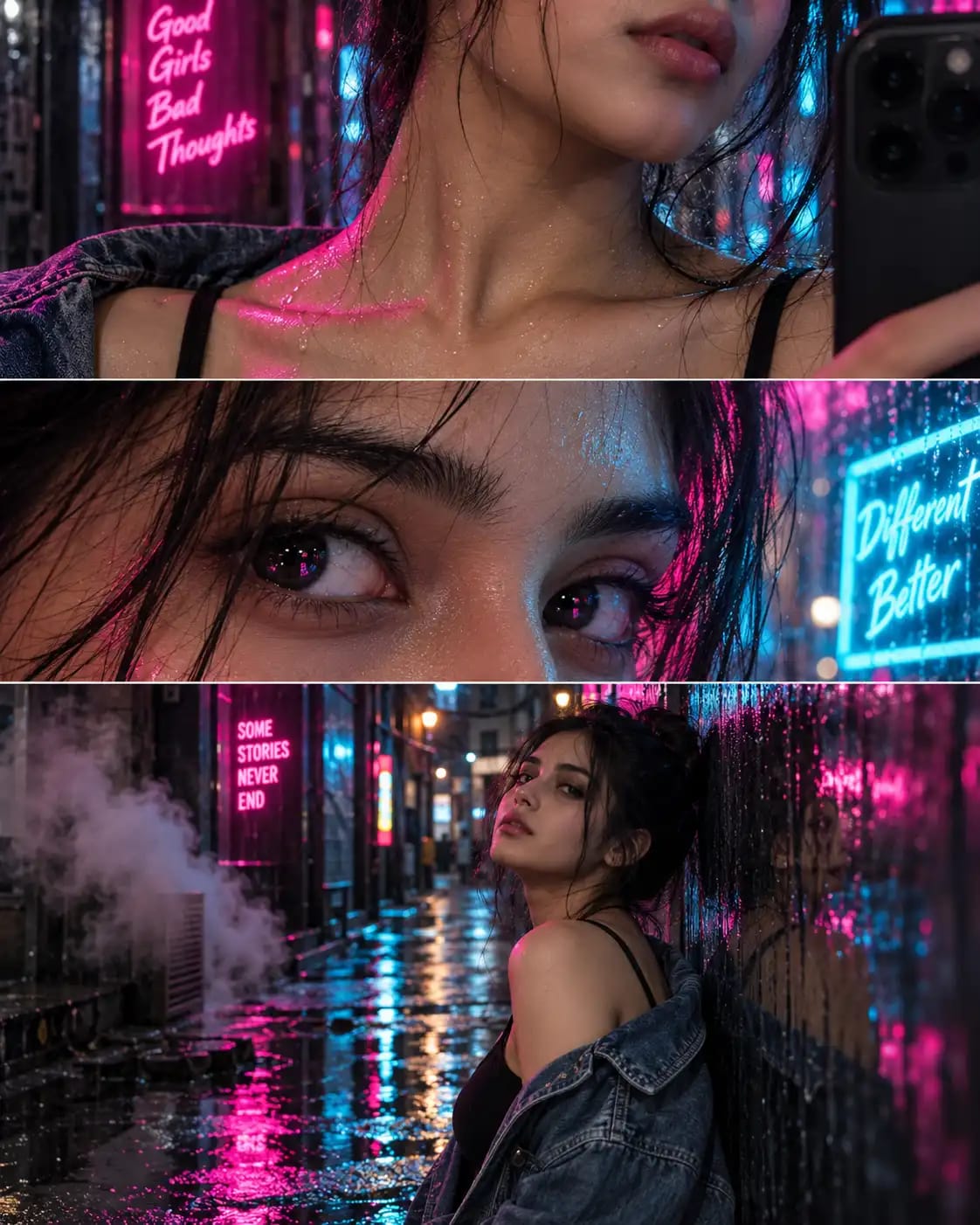 Neon Alley Triptych — Night Reflection Split Portrait Collage sample output