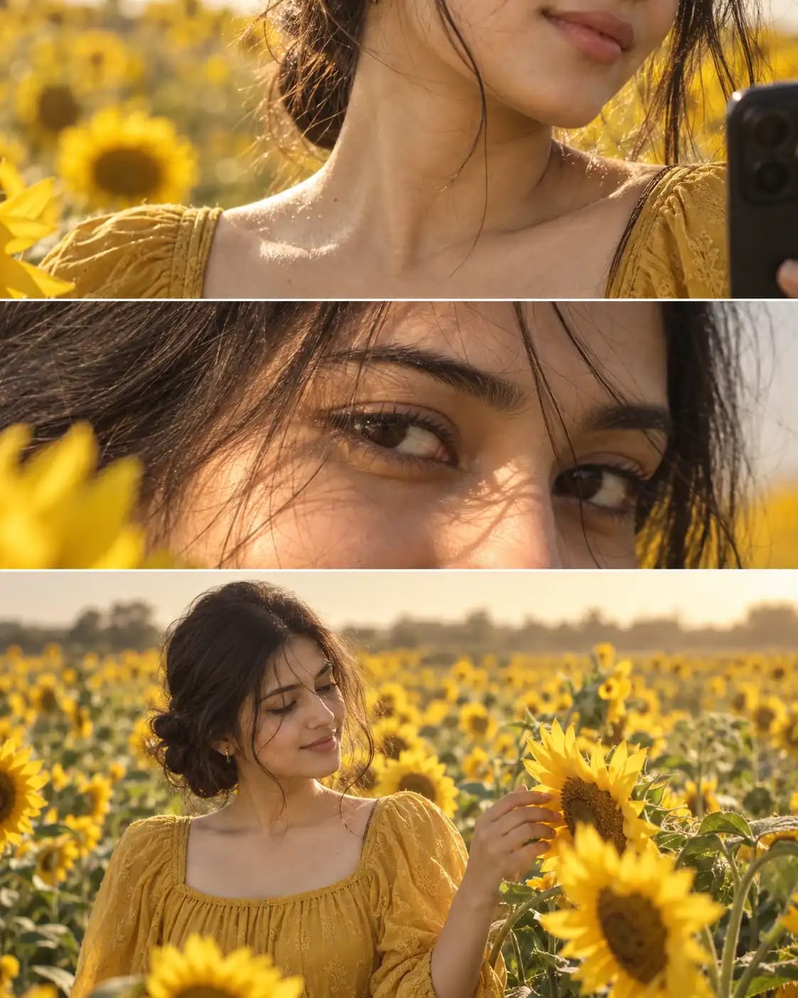 Sunflower Field Triptych | Golden Wind-Swept Split Portrait